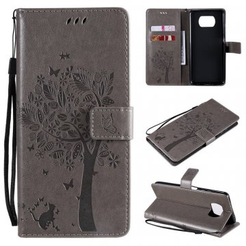 Xiaomi Poco X3 NFC Embossed Tree Cat Butterfly Wallet Stand Case Gray