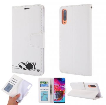 Samsung Galaxy A70 Cat Pattern Wallet Magnetic Stand Case White