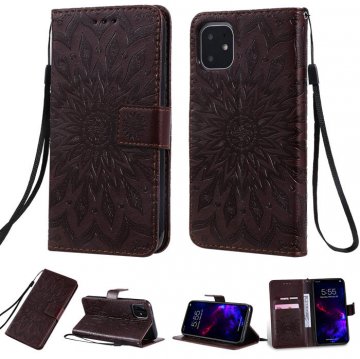 iPhone 11 Embossed Sunflower Wallet Stand Case Brown