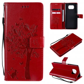 Xiaomi Poco X3 NFC Embossed Tree Cat Butterfly Wallet Stand Case Red