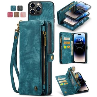CaseMe iPhone 14 Pro Max Zipper Wallet Case with Wrist Strap Blue