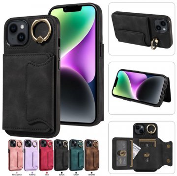 For iPhone 13 Card Holder Ring Kickstand PU Leather Case Black