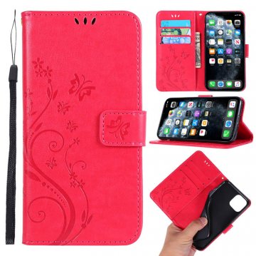 iPhone 11 Pro Butterfly Pattern Wallet Magnetic Stand PU Leather Case Red