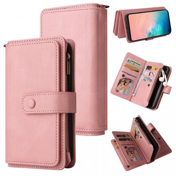 For Samsung Galaxy S10 Wallet 15 Card Slots Case with Wrist Strap Pink