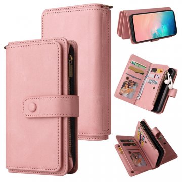 For Samsung Galaxy S10 Wallet 15 Card Slots Case with Wrist Strap Pink