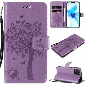 iPhone 12 Pro Embossed Tree Cat Butterfly Wallet Stand Case Lavender