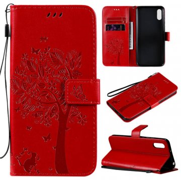 Xiaomi Redmi 9A Embossed Tree Cat Butterfly Wallet Stand Case Red