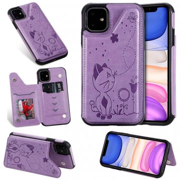 iPhone 11 Bee and Cat Embossing Magnetic Card Slots Cover Purple