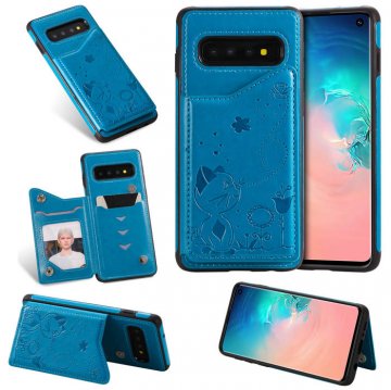 Samsung Galaxy S10 Bee and Cat Magnetic Card Slots Stand Cover Blue