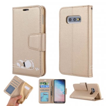 Samsung Galaxy S10e Cat Pattern Wallet Magnetic Stand Case Gold