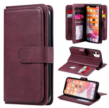 iPhone 11 Multi-function 10 Card Slots Wallet PU Leather Case Claret