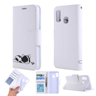 Samsung Galaxy A20e Cat Pattern Wallet Magnetic Stand Case White