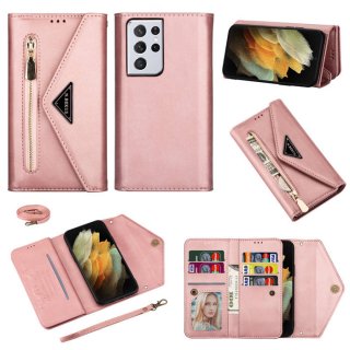 Samsung Galaxy S21/S21 Plus/S21 Ultra Crossbody Strap Zipper Wallet Case Rose Gold