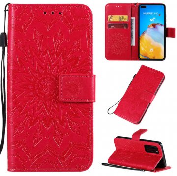 Huawei P40 Embossed Sunflower Wallet Stand Case Red