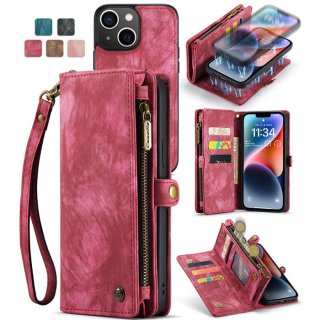 CaseMe iPhone 13 Zipper Wallet Case with Wrist Strap Red