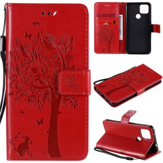 Google Pixel 4A 5G Embossed Tree Cat Butterfly Wallet Stand Case Red