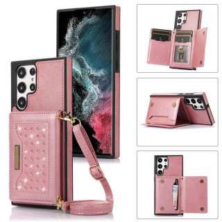 Bling Crossbody Wallet Samsung Galaxy S22 Ultra Case with Strap Rose Gold
