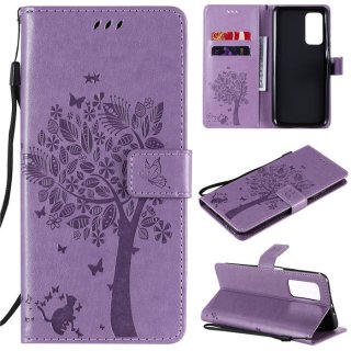 Xiaomi Mi 10T/10T Pro Embossed Tree Cat Butterfly Wallet Stand Case Lavender