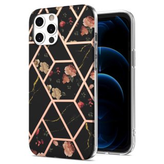 iPhone 12 Pro Flower Pattern Marble Electroplating TPU Case Black