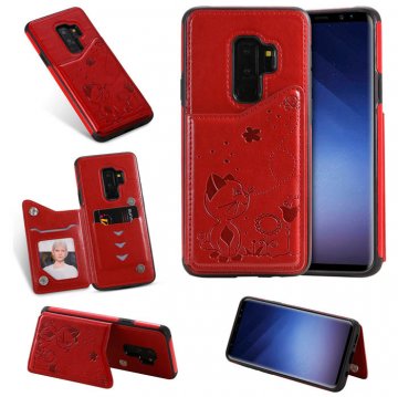 Samsung Galaxy S9 Plus Bee and Cat Card Slots Stand Cover Red