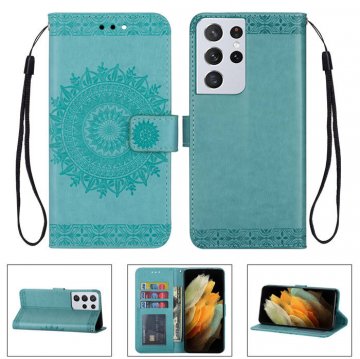 Samsung Galaxy S21/S21 Plus/S21 Ultra Wallet Embossed Totem Pattern Stand Case Green