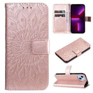 Embossed Sunflower iPhone 14 Plus Wallet Magnetic Case Rose Gold