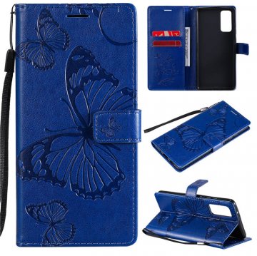 Samsung Galaxy S20 FE Embossed Butterfly Wallet Magnetic Stand Case Blue