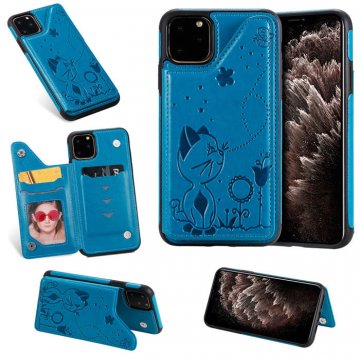 iPhone 11 Pro Bee and Cat Embossing Card Slots Stand Cover Blue