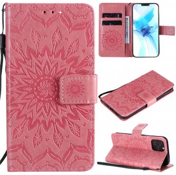 iPhone 12 Pro Embossed Sunflower Wallet Magnetic Stand Case Pink