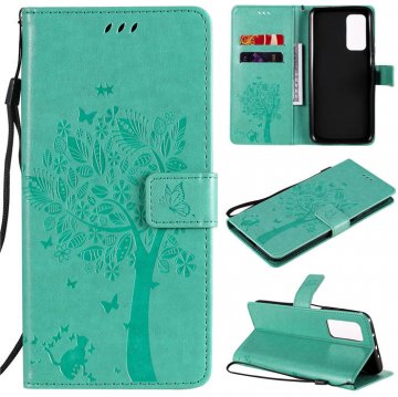 Xiaomi Mi 10T/10T Pro Embossed Tree Cat Butterfly Wallet Stand Case Green