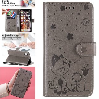 iPhone XR Embossed Cat Bee Wallet Magnetic Stand Case Gray