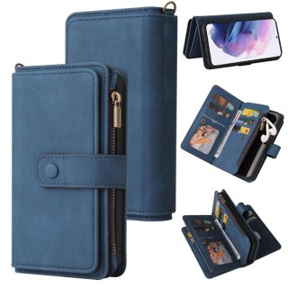 Samsung S22 Plus Wallet 15 Card Slots Case with Wrist Strap Blue