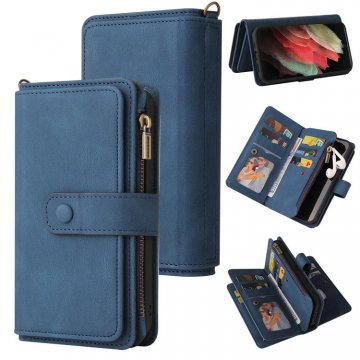 For Samsung Galaxy S21 Ultra Wallet 15 Card Slots Case with Wrist Strap Blue
