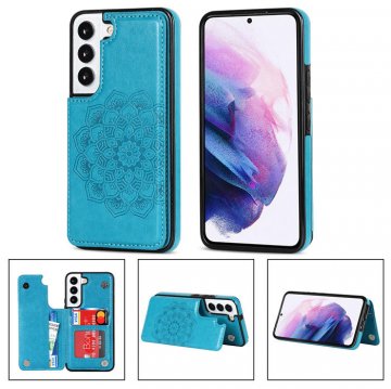 Mandala Embossed Samsung Galaxy S22 Case with Card Holder Blue