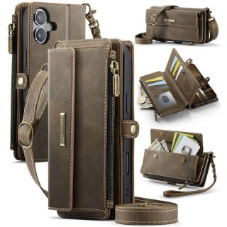 CaseMe iPhone 16 Plus Crossbody Wallet Case with RFID Blocking & Wireless Charging Coffee