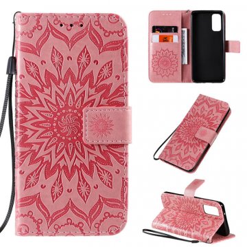 Samsung Galaxy S20 Embossed Sunflower Wallet Stand Case Pink