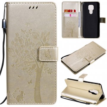Motorola Moto G9 Play Embossed Tree Cat Butterfly Wallet Stand Case Gold