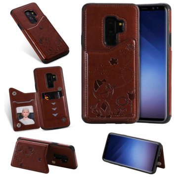 Samsung Galaxy S9 Plus Bee and Cat Card Slots Stand Cover Brown