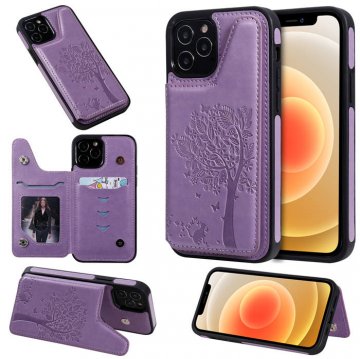 iPhone 12 Pro Embossed Tree Cat Magnetic Clasp Wallet Stand Case Purple