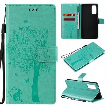 Samsung Galaxy S20 FE Embossed Tree Cat Butterfly Wallet Stand Case Green