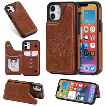 iPhone 12 Luxury Tree and Cat Magnetic Card Slots Stand Cover Brown