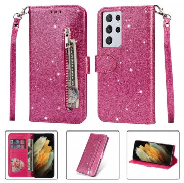Samsung Galaxy S21/S21 Plus/S21 Ultra Zipper Pocket Bling Glitter Leather Case Rose