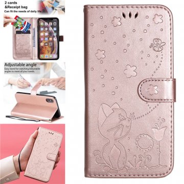 iPhone XS Max Embossed Cat Bee Wallet Magnetic Stand Case Rose Gold