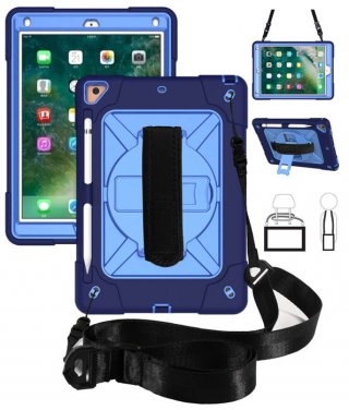 iPad 9.7 inch 2018/2017 Kickstand Hand Strap and Detachable Shoulder Strap Cover Navy Blue + Blue
