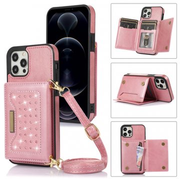 Bling Crossbody Bag Wallet iPhone 12 Pro Max Case with Lanyard Strap Rose Gold