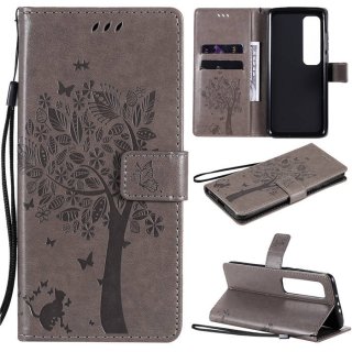 Xiaomi Mi 10 Ultra Embossed Tree Cat Butterfly Wallet Stand Case Gray