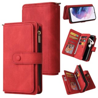 Samsung S22 Plus Wallet 15 Card Slots Case with Wrist Strap Red
