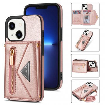 Crossbody Zipper Wallet iPhone 13 Case With Strap Rose Gold