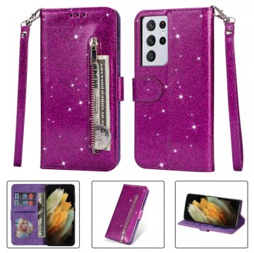 Samsung Galaxy S21/S21 Plus/S21 Ultra Zipper Pocket Bling Glitter Leather Case Purple
