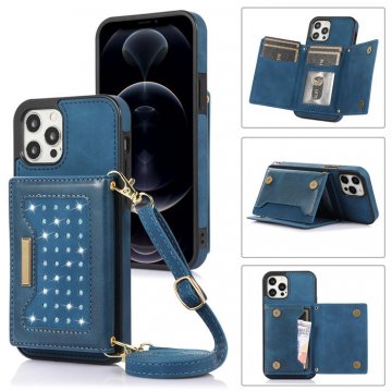 Bling Crossbody Bag Wallet iPhone 12 Pro Max Case with Lanyard Strap Blue